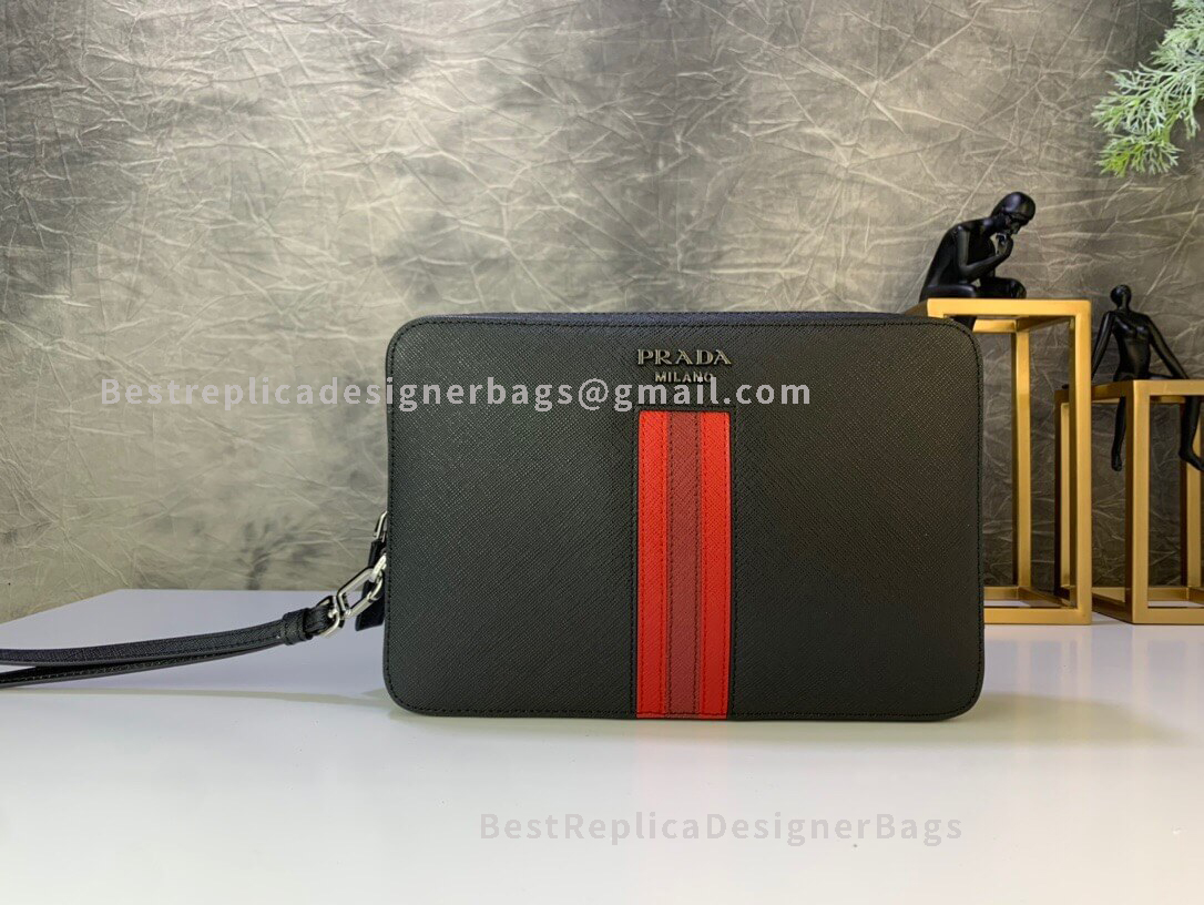 Prada Black And Red Saffiano Leather Bandoleer Bag SHW 2VF007